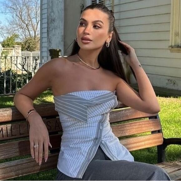 Zara Striped Strapless Fold over Top - Picture 1 of 12